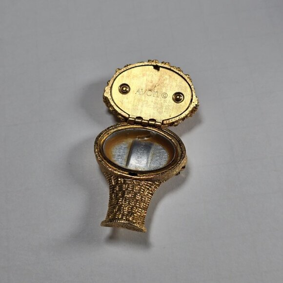 Avon Flower Basket Brooch Solid Perfume Locket Pin Signed Gold Toned Vintage 70s - Picture 5 of 10